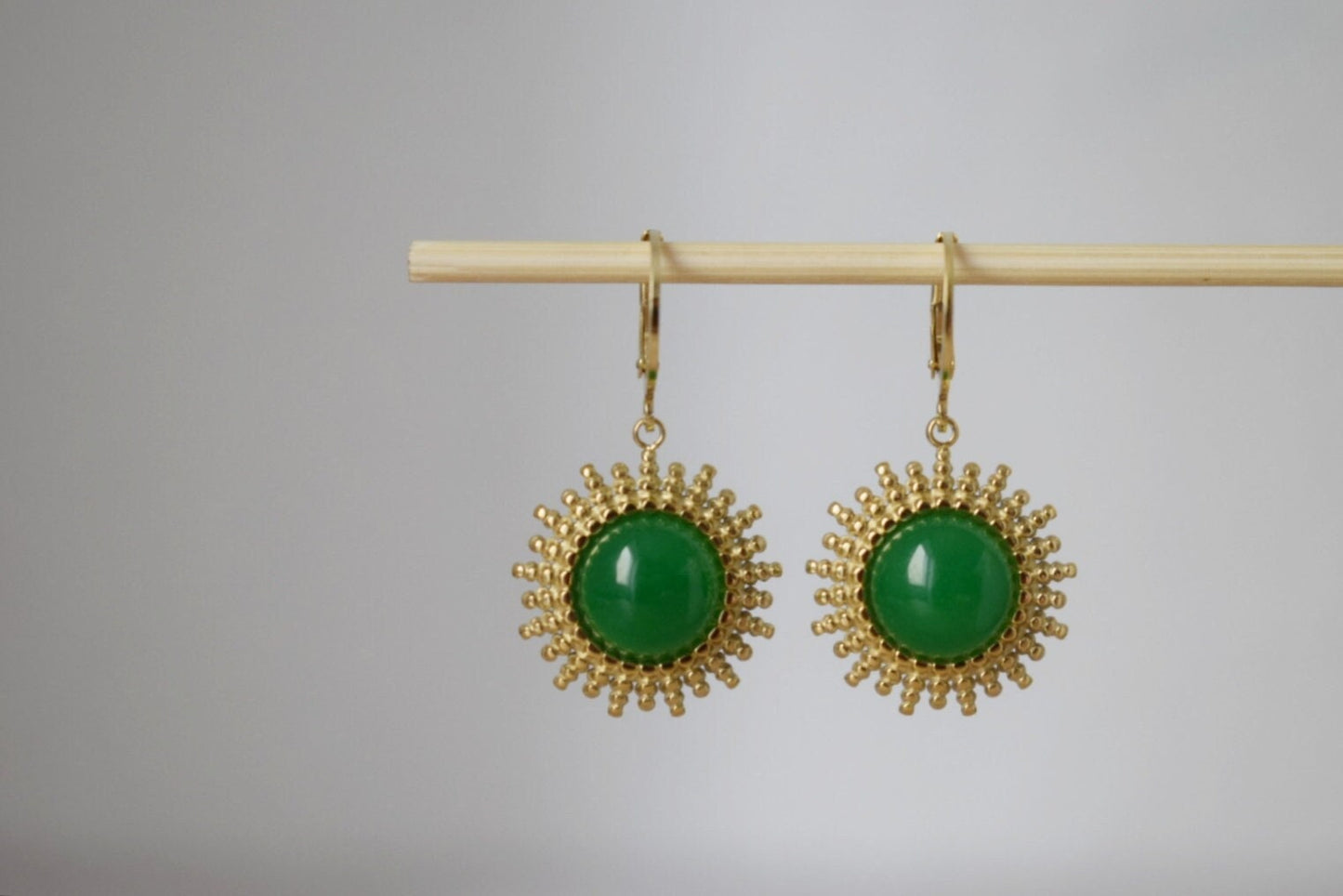 Green jade earrings gold, Sun rays huggie earrings, Sunburst, Green gemstone drop earrings, Celestial, Natural stone, Jewelry gift for her