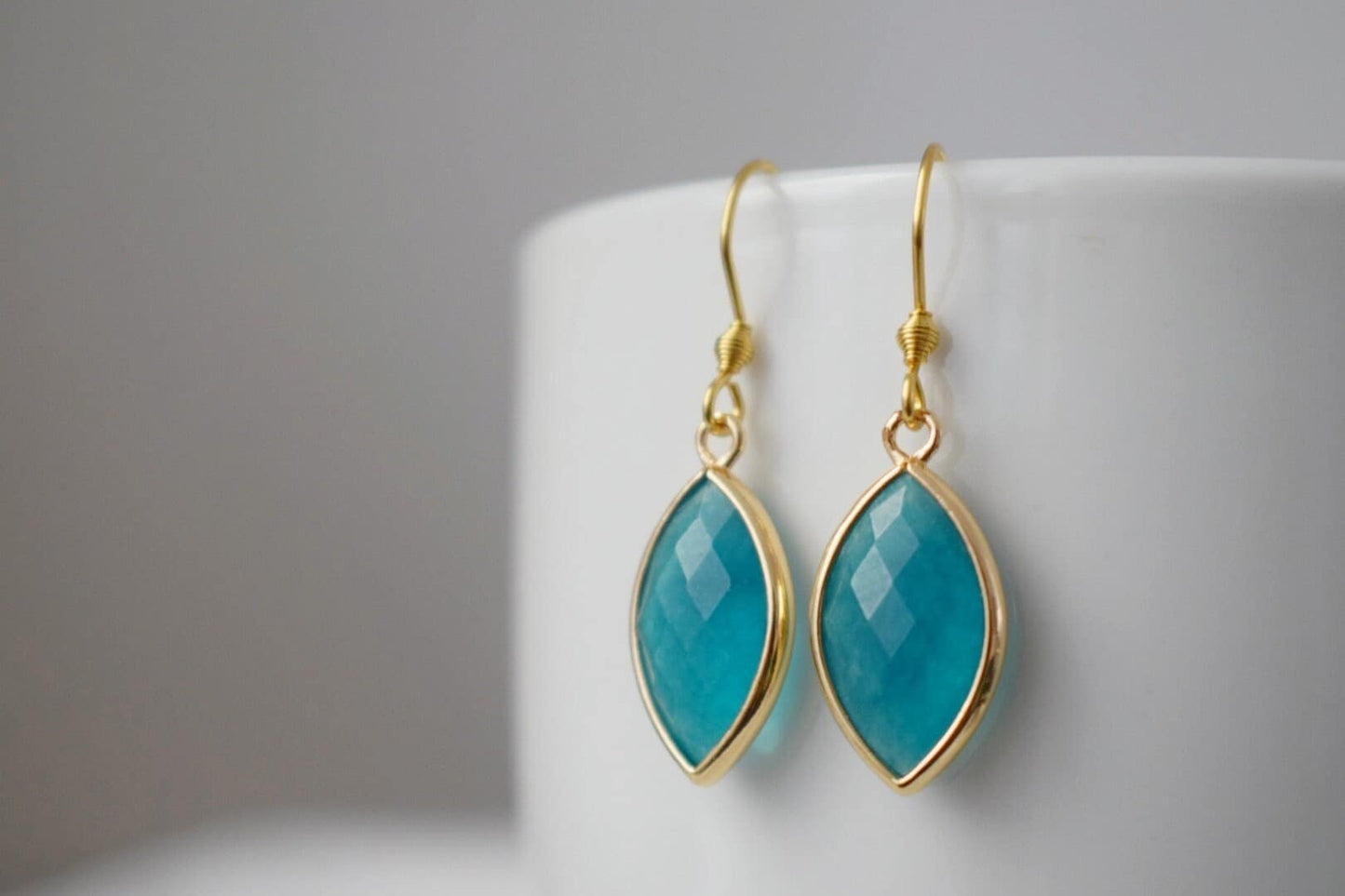 Aquamarine jade earrings, Faceted gemstone earrings, Blue gold dangle earrings, Horse eye, Stone hanging earrings, Jade gold jewelry gift