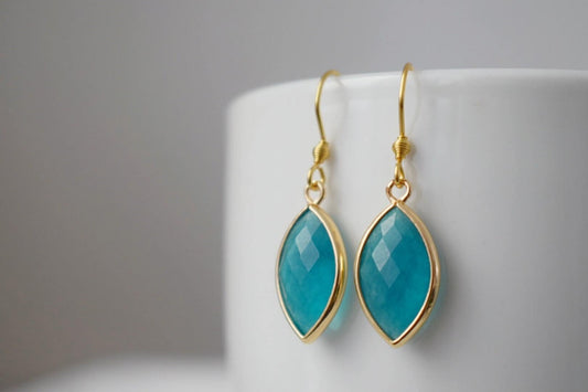 Aquamarine jade earrings, Faceted gemstone earrings, Blue gold dangle earrings, Horse eye, Stone hanging earrings, Jade gold jewelry gift