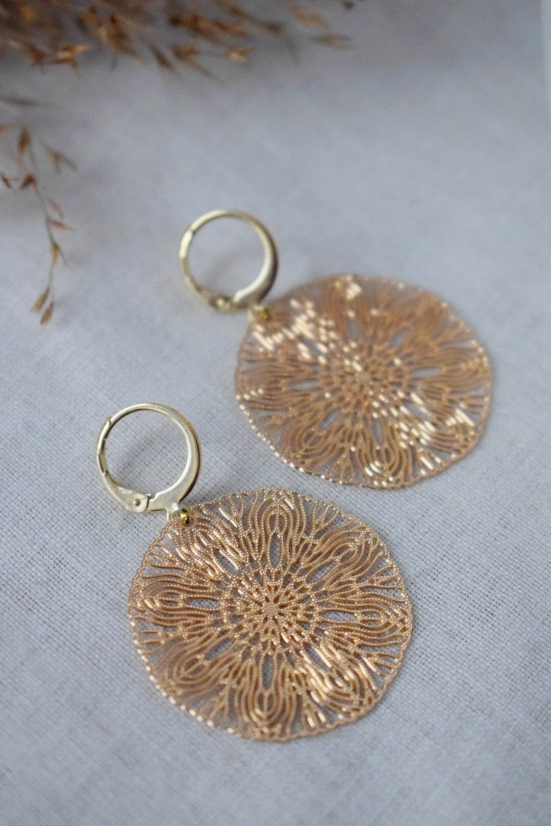 Ornament earrings for women, Mandala huggie earrings, Stainless steel gold plated earrings, Boho filigree hoops, Jewelry gift for her