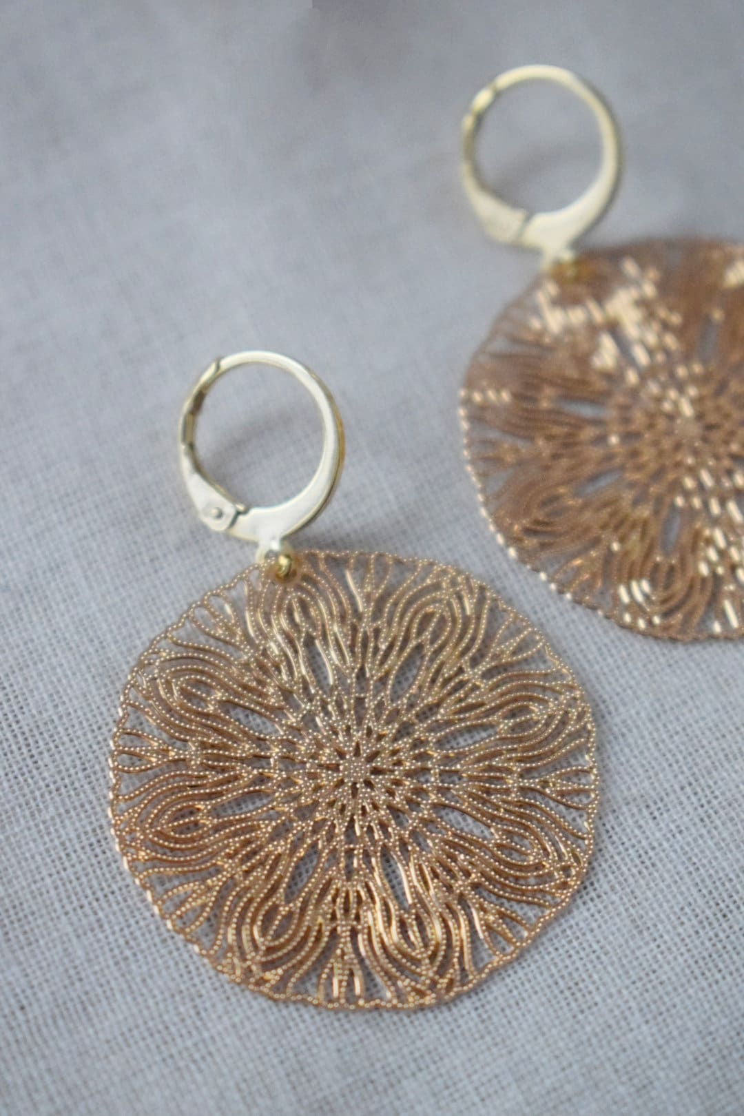 Ornament earrings for women, Mandala huggie earrings, Stainless steel gold plated earrings, Boho filigree hoops, Jewelry gift for her