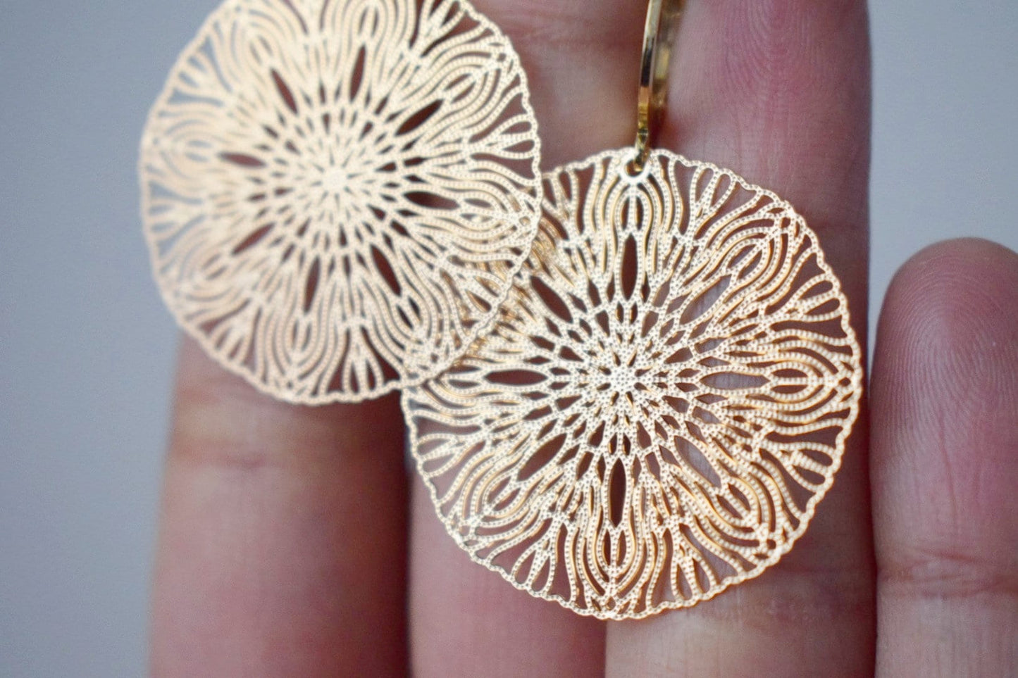 Ornament earrings for women, Mandala huggie earrings, Stainless steel gold plated earrings, Boho filigree hoops, Jewelry gift for her