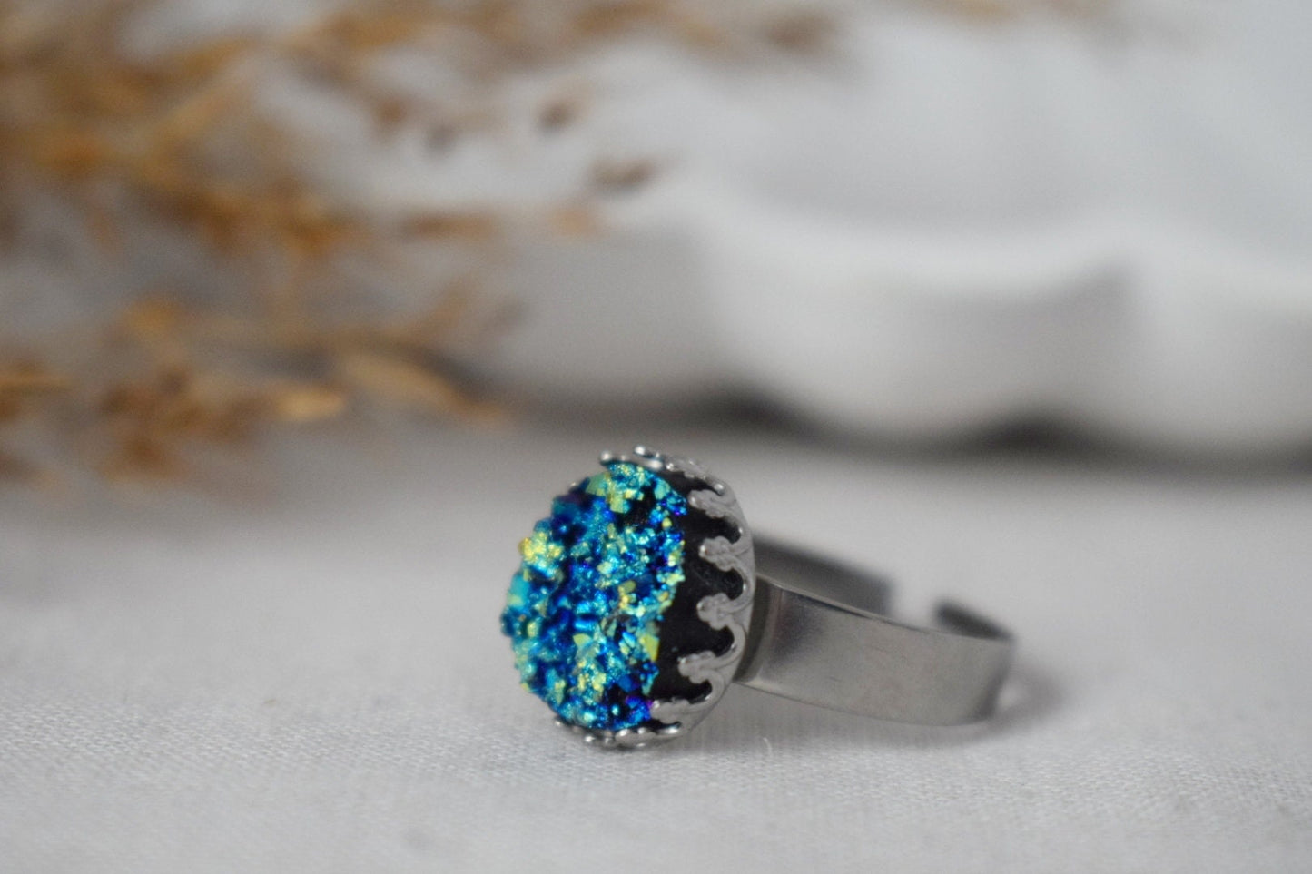 Crown Ring with Blue Druzy Cabochon, Pink, Silver, Adjustable Statement Ring, Everyday Round Ring, Druzy Jewelry, Birthday Gift For Her