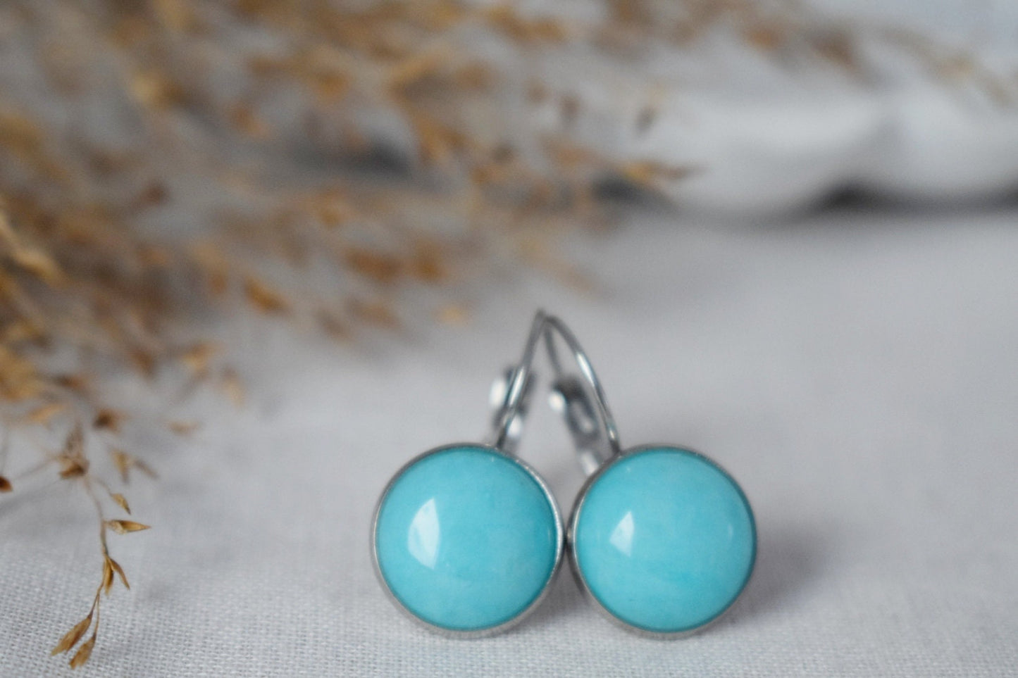 Turquoise Jade Earrings in 12mm Size Gemstone Lever Back Stainless Steel Jewelry Gift For HerBest christmas gift