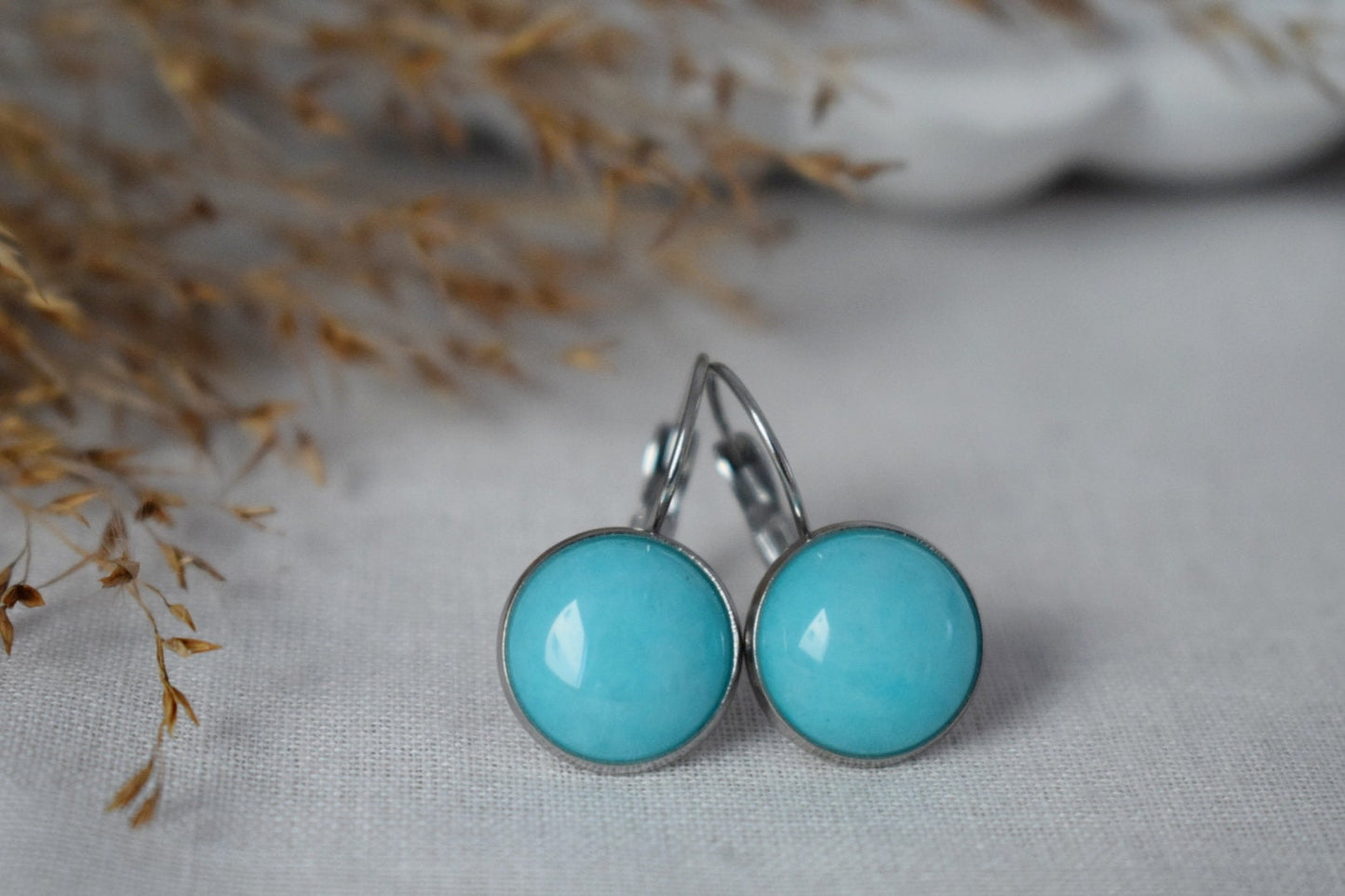 Turquoise Jade Earrings in 12mm Size Gemstone Lever Back Stainless Steel Jewelry Gift For HerBest christmas gift