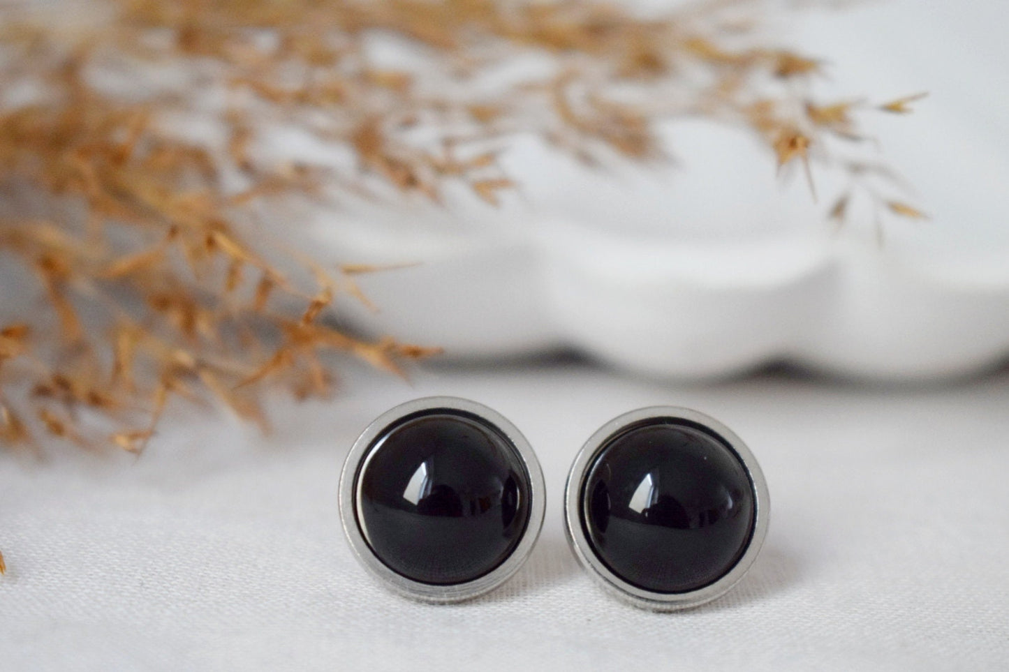 Black agate studs, round gemstone,  unisex push back earrings, gothic jewelry, post back earrings, gift for her