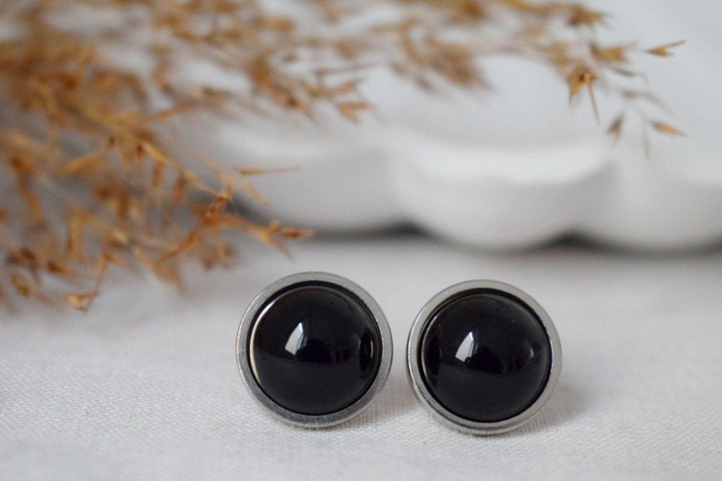 Black agate studs, round gemstone,  unisex push back earrings, gothic jewelry, post back earrings, gift for her