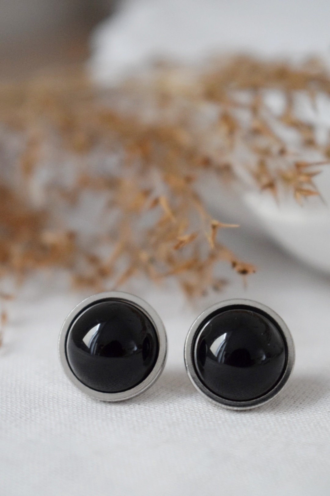 Black agate studs, round gemstone,  unisex push back earrings, gothic jewelry, post back earrings, gift for her