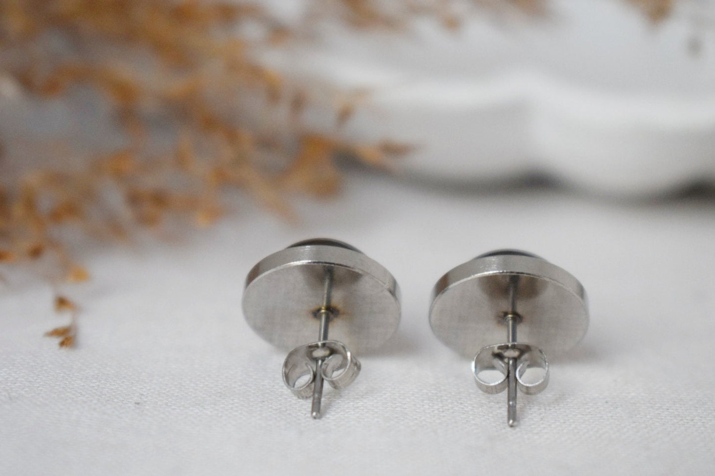 Black agate studs, round gemstone,  unisex push back earrings, gothic jewelry, post back earrings, gift for her