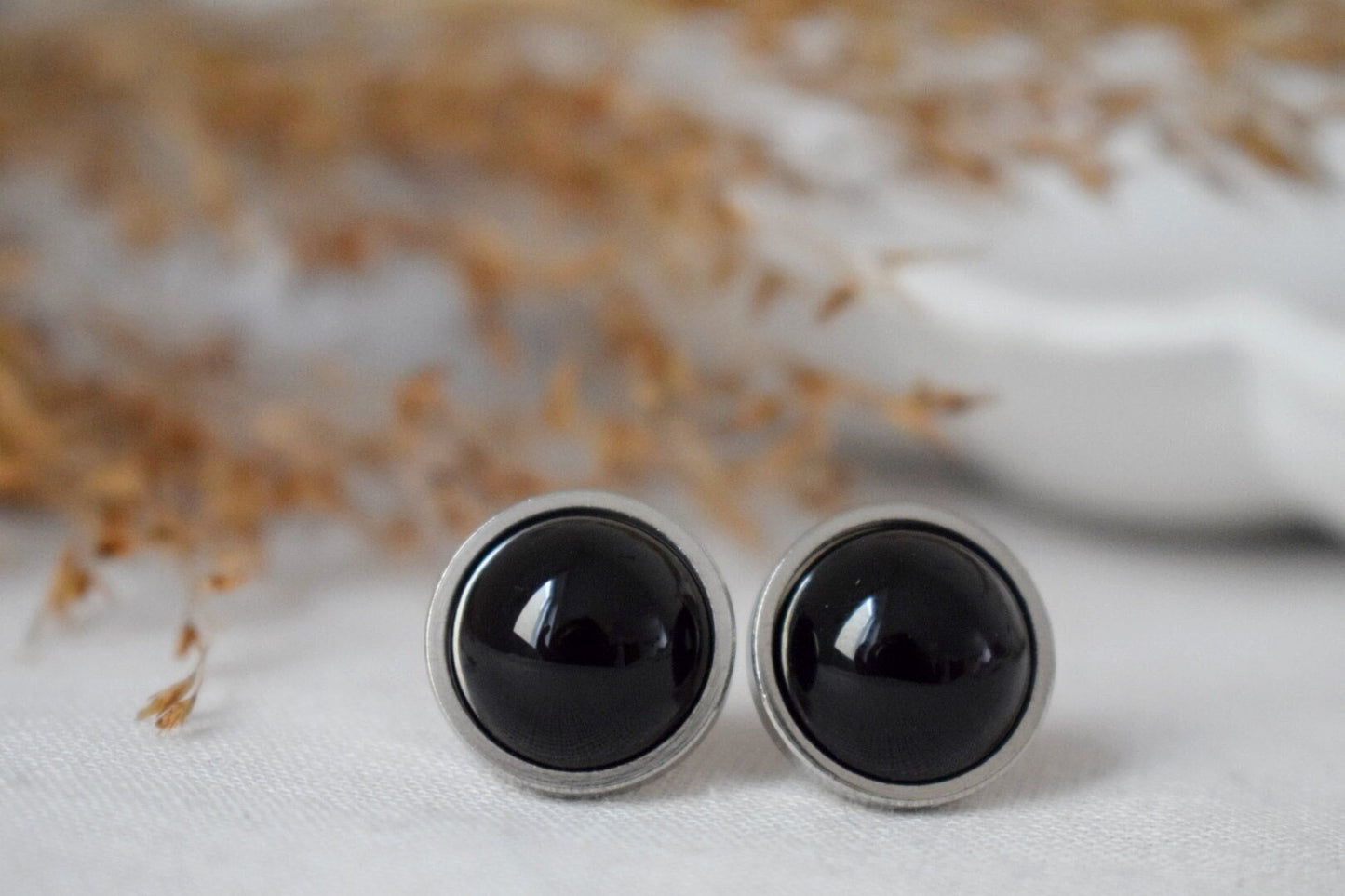 Black agate studs, round gemstone,  unisex push back earrings, gothic jewelry, post back earrings, gift for her