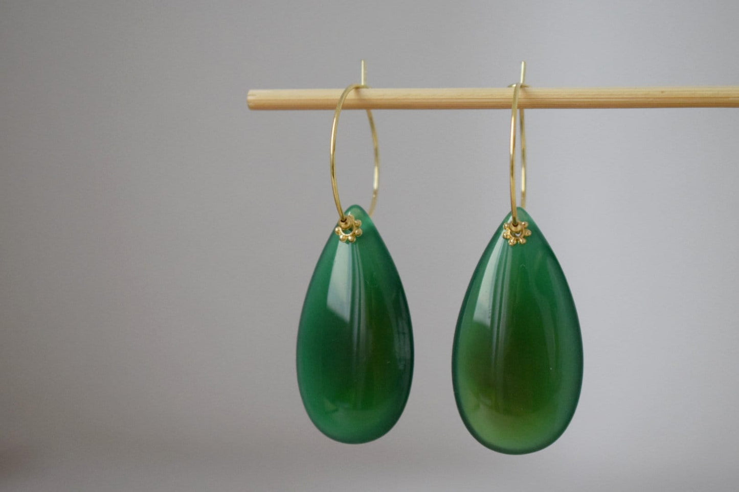 Natural green agate hoop earrings 18k gold plated stainless steel, Long teardrop gemstone earrings, Handmade jewelry gift