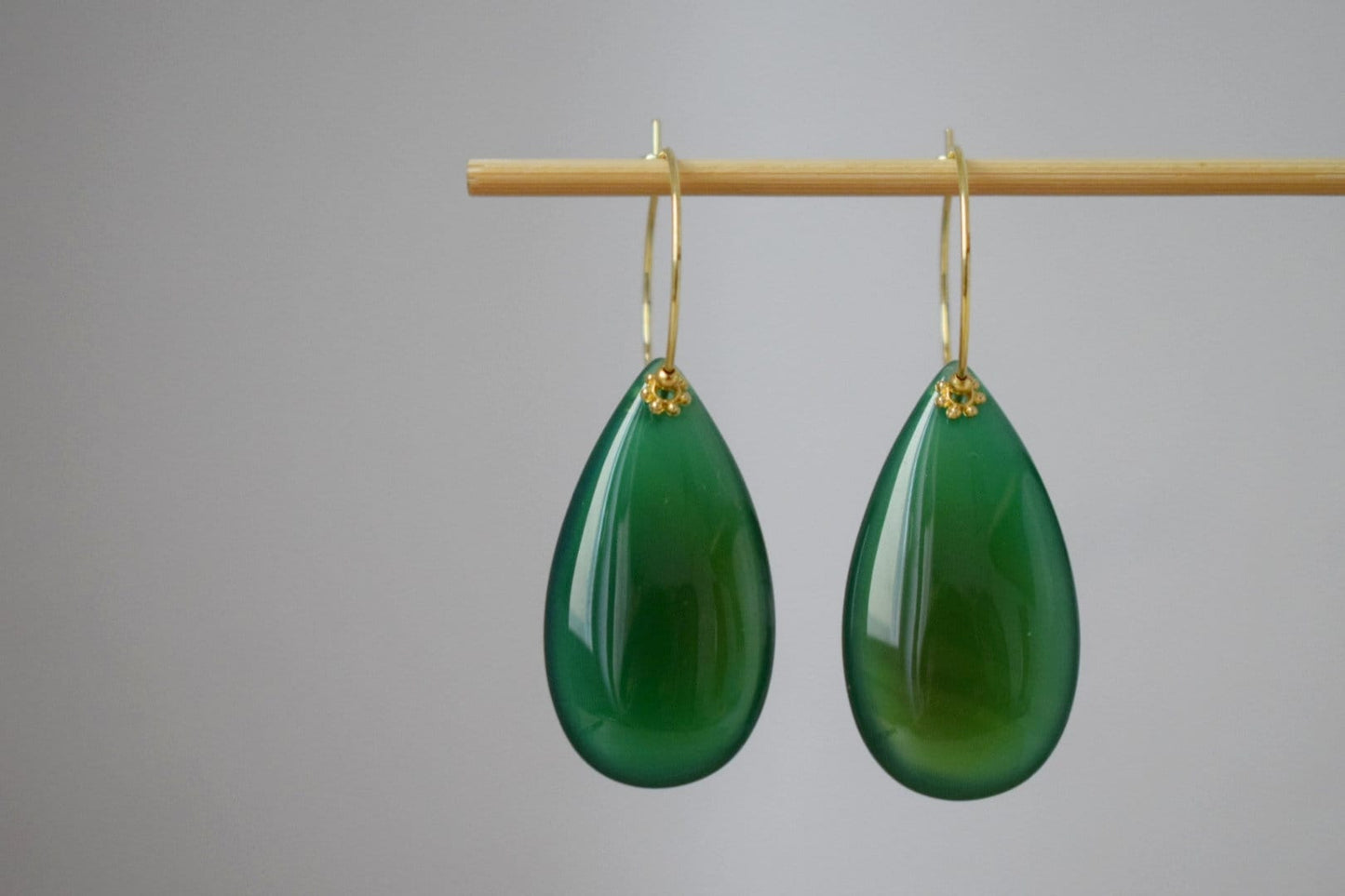Natural green agate hoop earrings 18k gold plated stainless steel, Long teardrop gemstone earrings, Handmade jewelry gift
