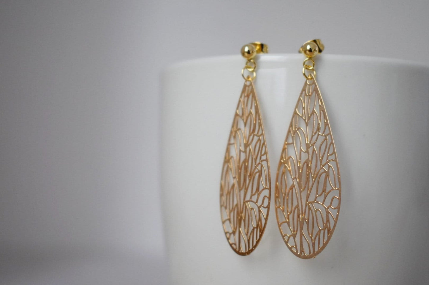 Ornament teardrop stud earrings for women, Gold plated stainless steel studs with filigree pendant, Boho jewelry, Unique gift for her