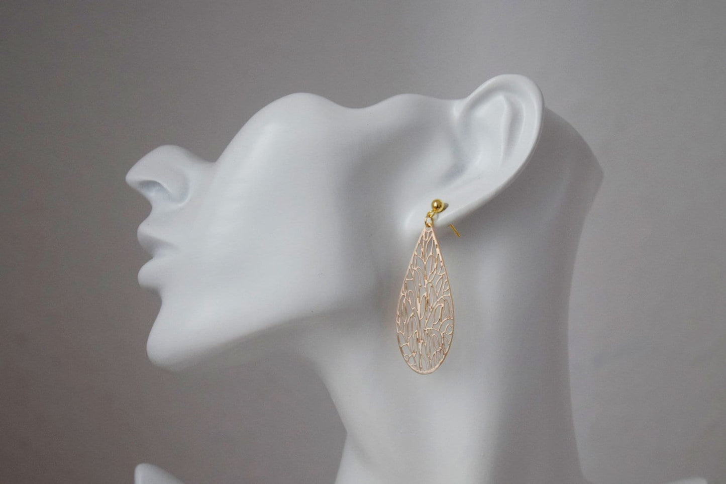 Ornament teardrop stud earrings for women, Gold plated stainless steel studs with filigree pendant, Boho jewelry, Unique gift for her