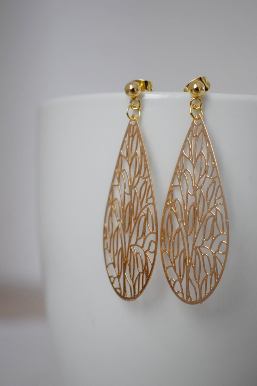 Ornament teardrop stud earrings for women, Gold plated stainless steel studs with filigree pendant, Boho jewelry, Unique gift for her