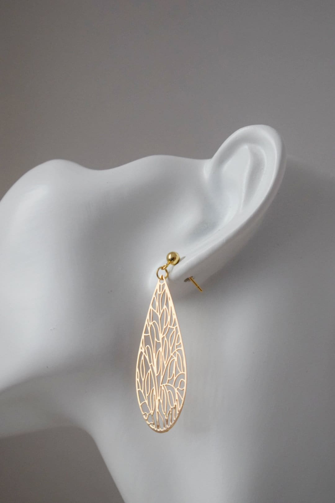 Ornament teardrop stud earrings for women, Gold plated stainless steel studs with filigree pendant, Boho jewelry, Unique gift for her