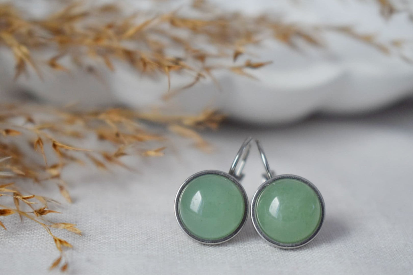 Aventurine dangle earrings, Small light green round gemstone, 8mm natural stone, Chakra, Birthstone jewelry gift