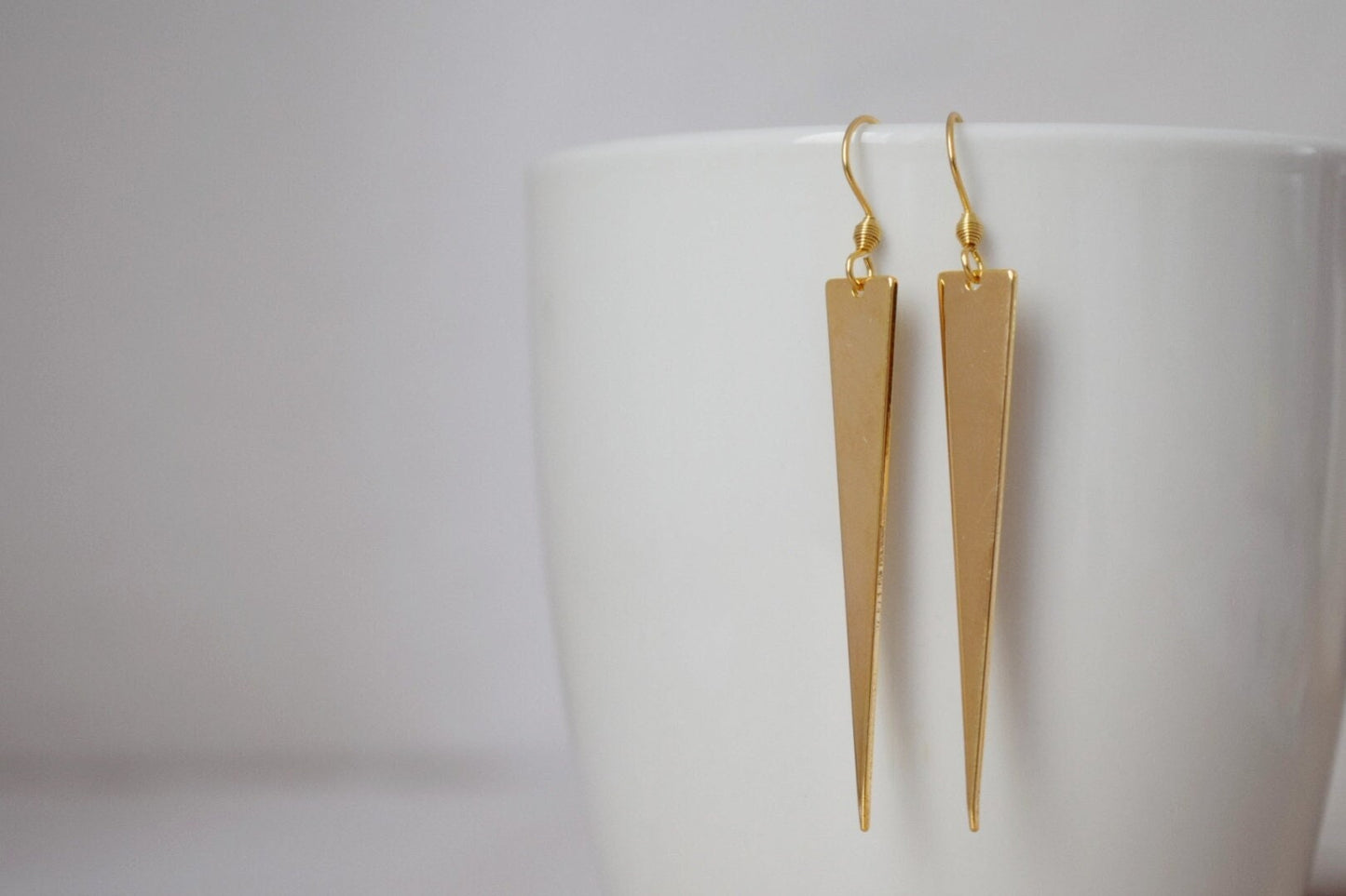 Triangle pendant earrings, Long geometric hanging dangle and drop earrings, Gold plated jewelry, Gift for herBest christmas gift