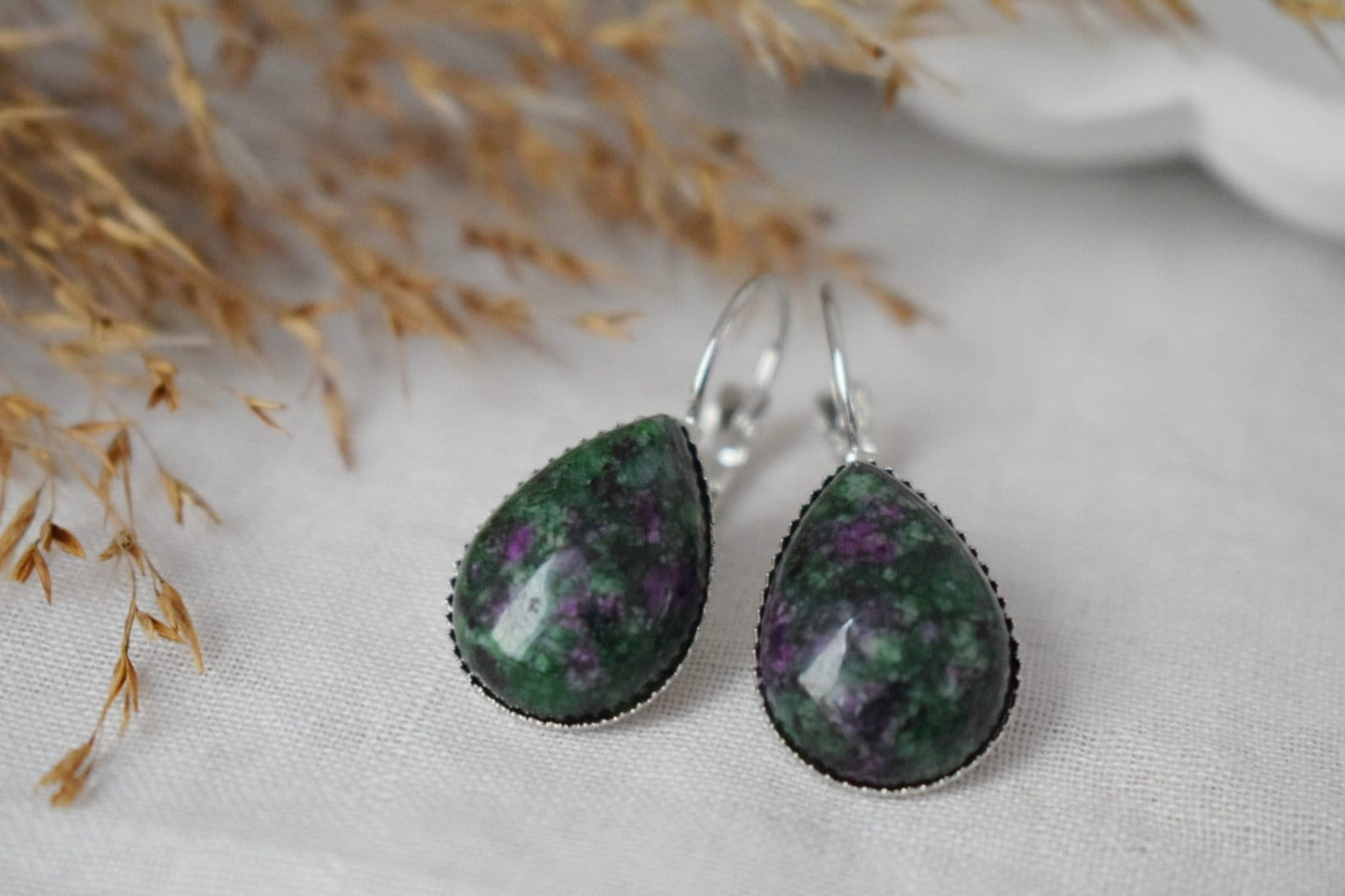 Ruby In Zoisite Earrings, Green Teardrop Gemstone Lever Back Earrings, Ruby Fuchsite, Hanging Earrings, Jewelry GiftBest christmas gift