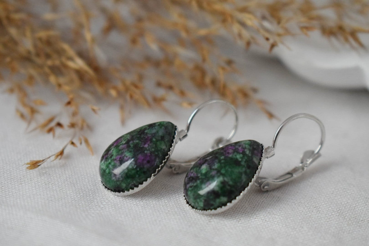 Ruby In Zoisite Earrings, Green Teardrop Gemstone Lever Back Earrings, Ruby Fuchsite, Hanging Earrings, Jewelry GiftBest christmas gift