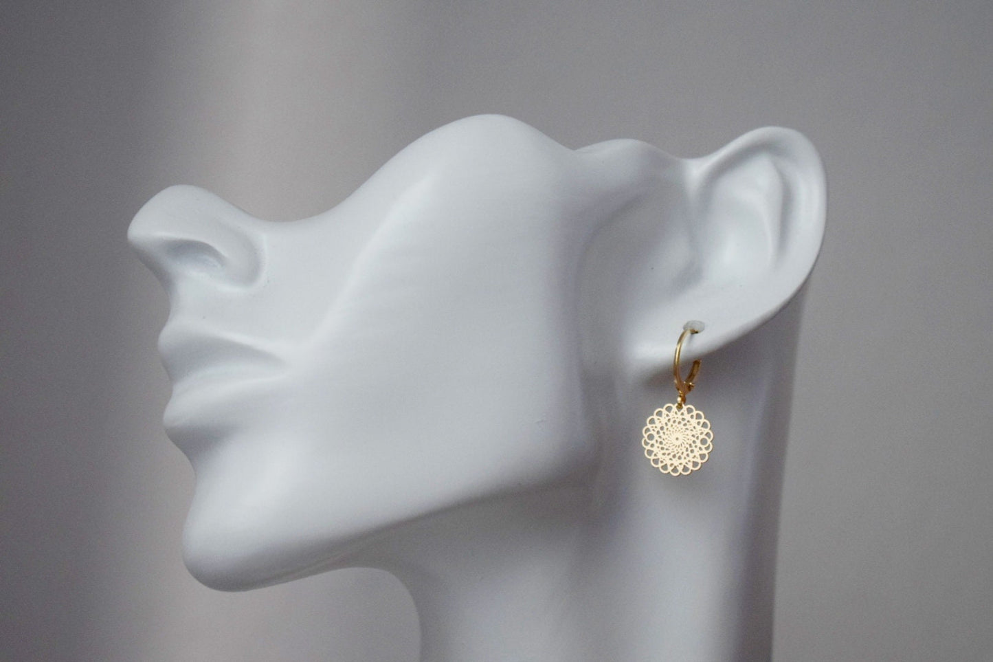 Ornament earrings for women, Mandala huggie hoops, Stainless steel earrings, Boho filigree gold earrings, Mandala jewelry, Gift for her