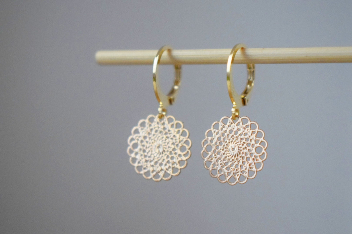 Ornament earrings for women, Mandala huggie hoops, Stainless steel earrings, Boho filigree gold earrings, Mandala jewelry, Gift for her