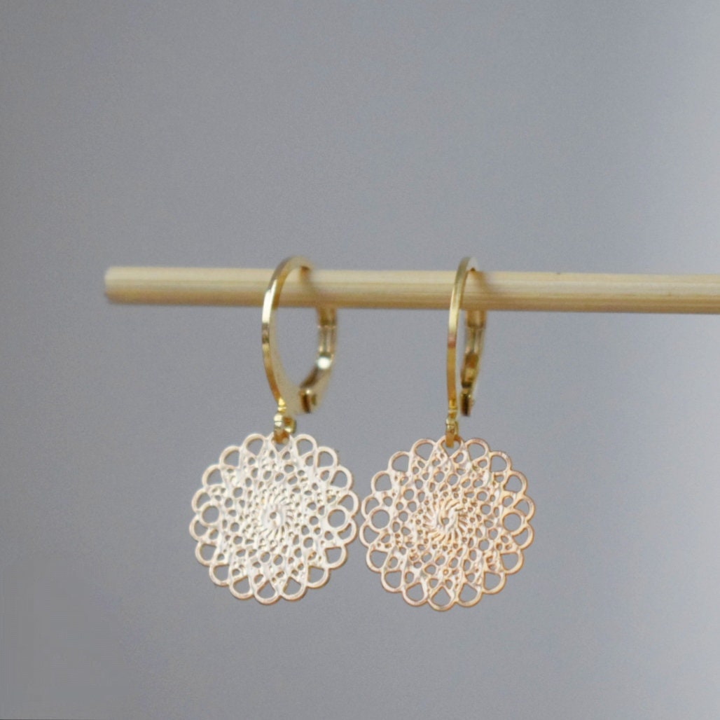 Ornament earrings for women, Mandala huggie hoops, Stainless steel earrings, Boho filigree gold earrings, Mandala jewelry, Gift for her