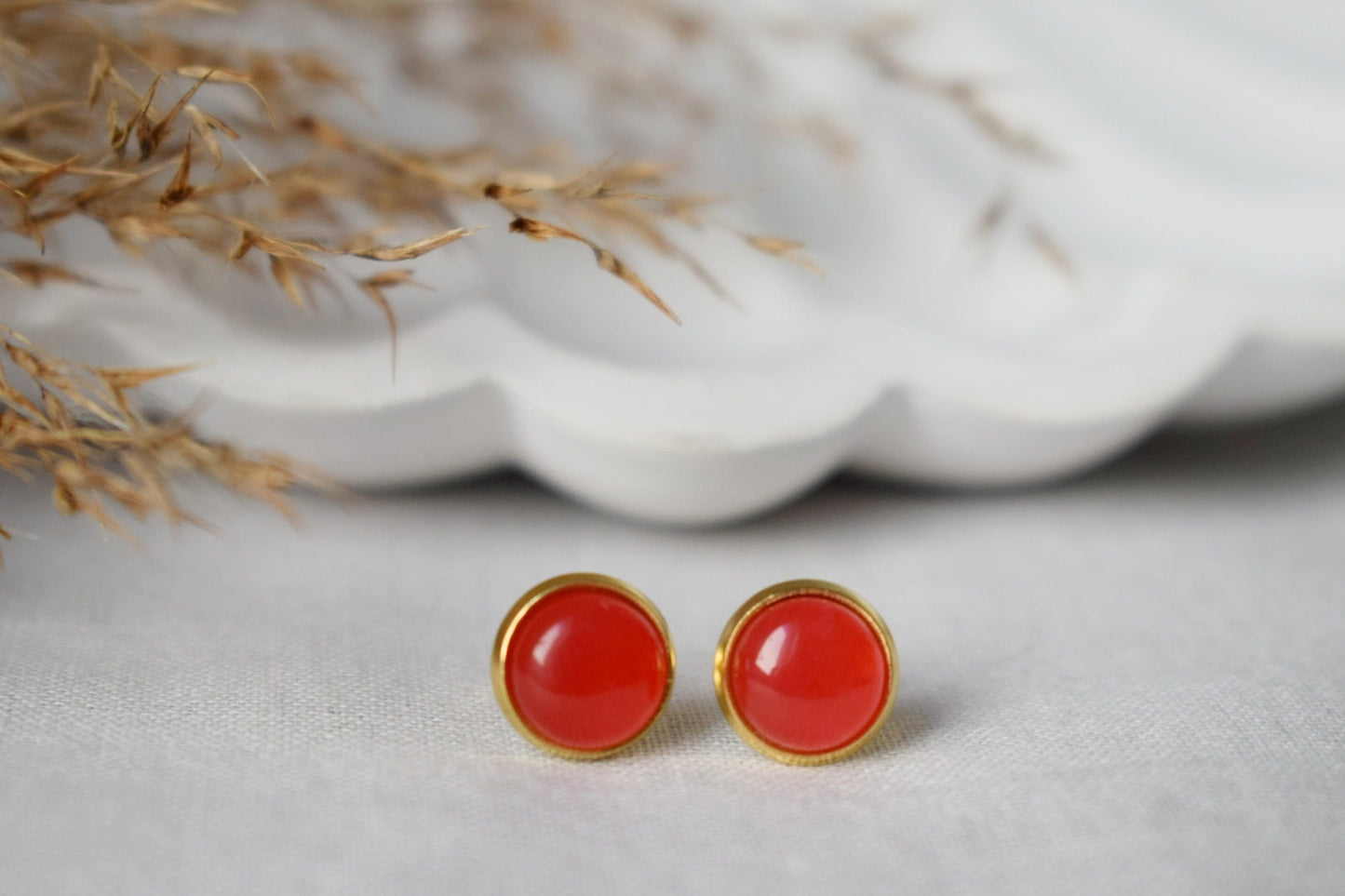 Red Jade Stud Earrings, 18k Gold Plated, 8mm Round Gemstone Earrings, Small Red Studs, Minimalist Jewelry, Birthday Anniversary Gift For Her