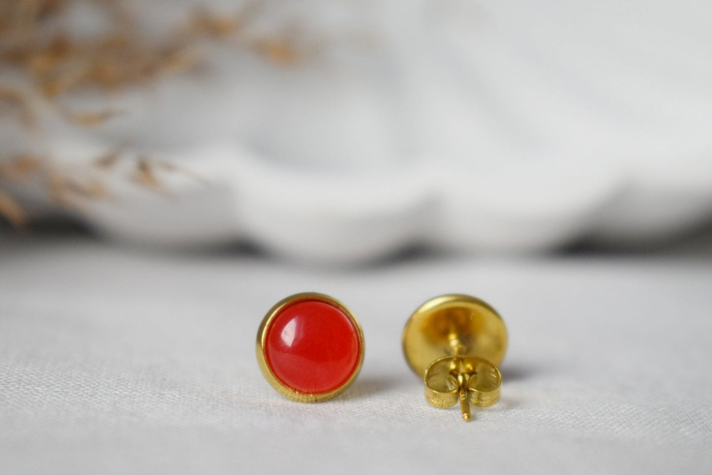 Red Jade Stud Earrings, 18k Gold Plated, 8mm Round Gemstone Earrings, Small Red Studs, Minimalist Jewelry, Birthday Anniversary Gift For Her