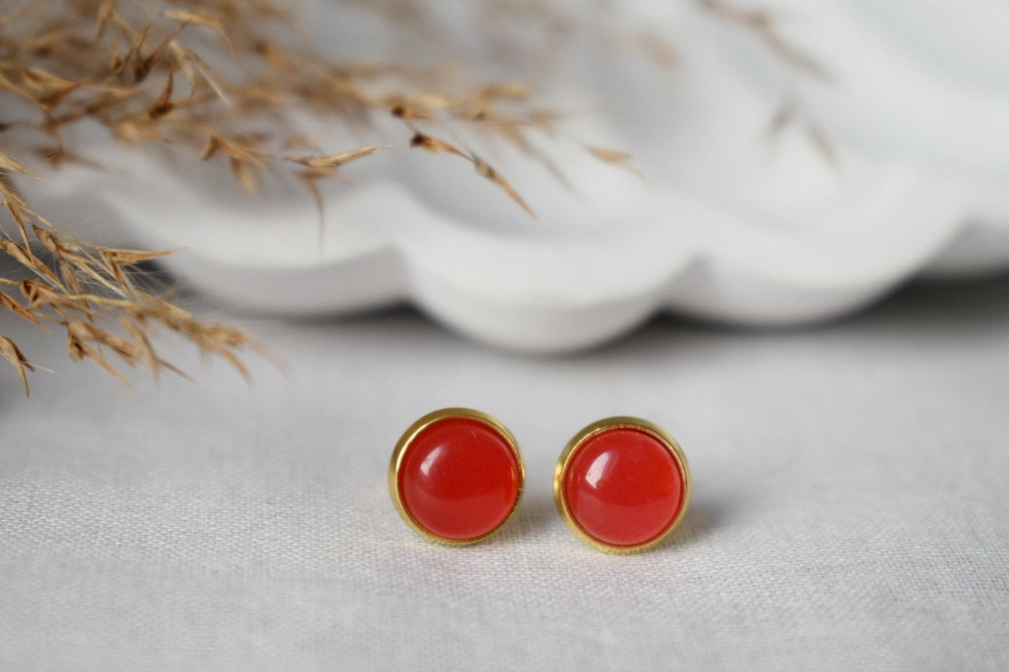 Red Jade Stud Earrings, 18k Gold Plated, 8mm Round Gemstone Earrings, Small Red Studs, Minimalist Jewelry, Birthday Anniversary Gift For Her