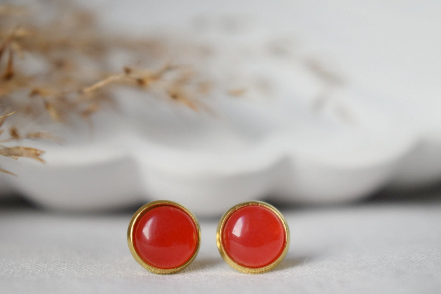 Red Jade Stud Earrings, 18k Gold Plated, 8mm Round Gemstone Earrings, Small Red Studs, Minimalist Jewelry, Birthday Anniversary Gift For Her