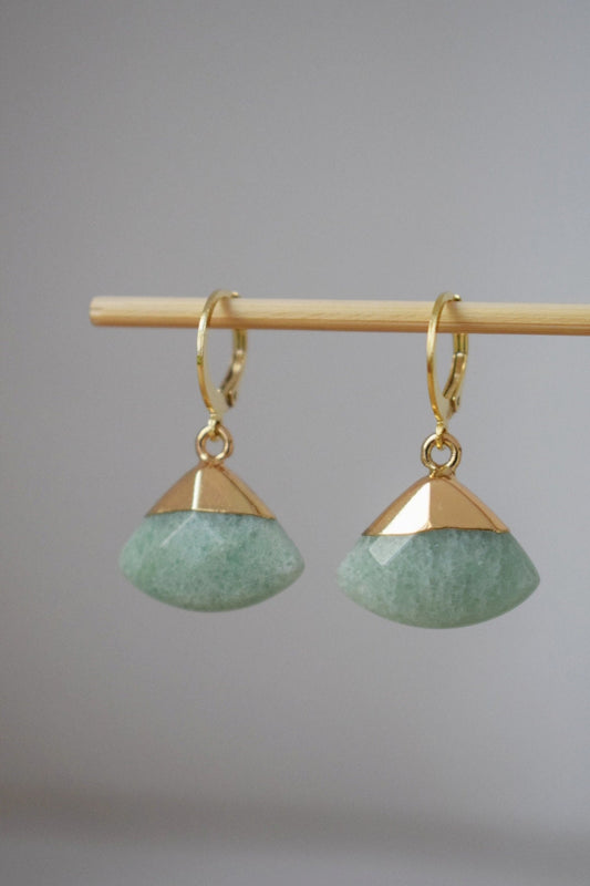 Gold plated huggie earrings with aventurine pendant, Dangle stone earrings, Green triangle drop earrings, Fan earrings, Jewelry gift for her