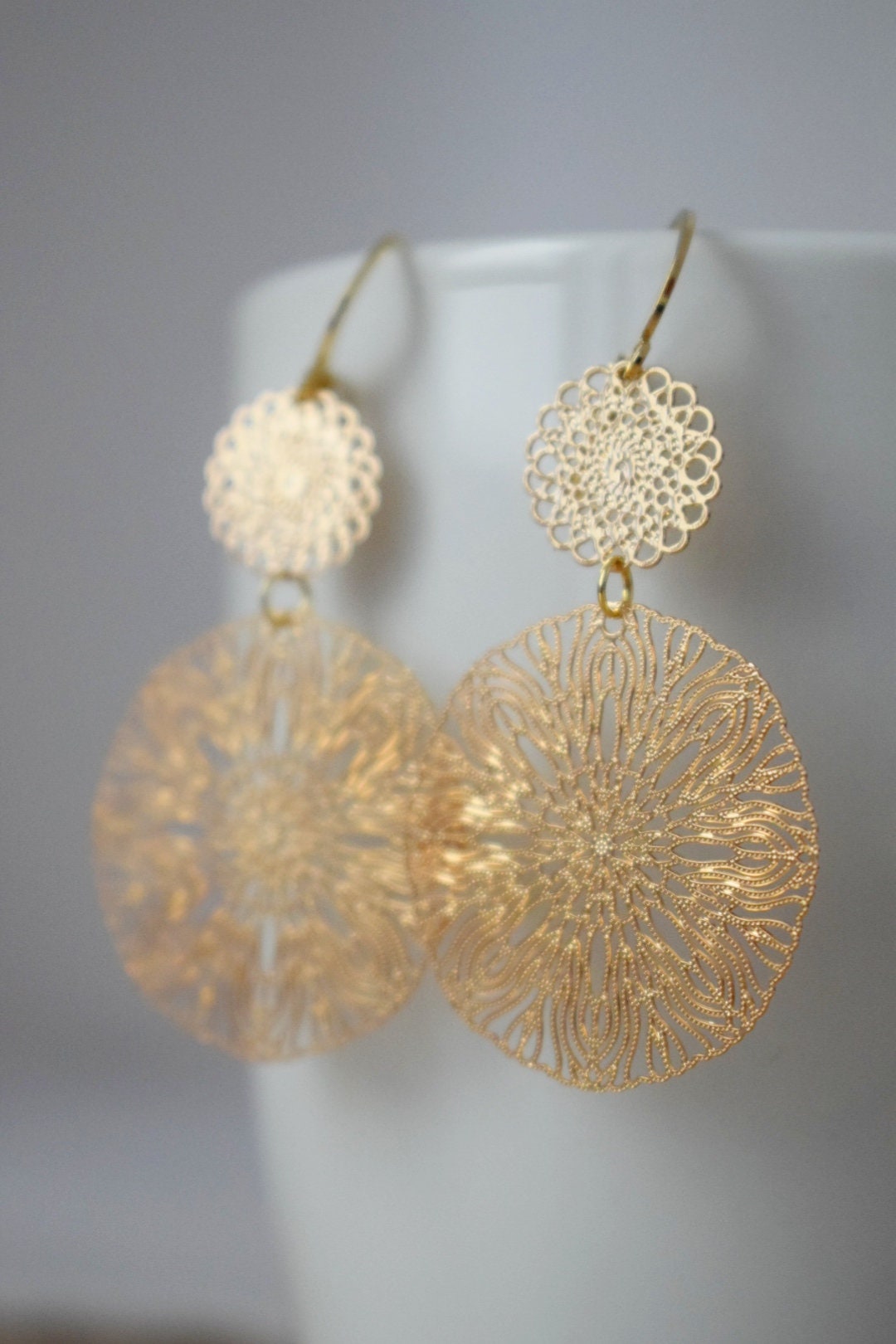 Ornament earrings for women, Long mandala gold plated huggie earrings, Stainless steel earrings, Boho filigree hoops, Jewelry gift for her