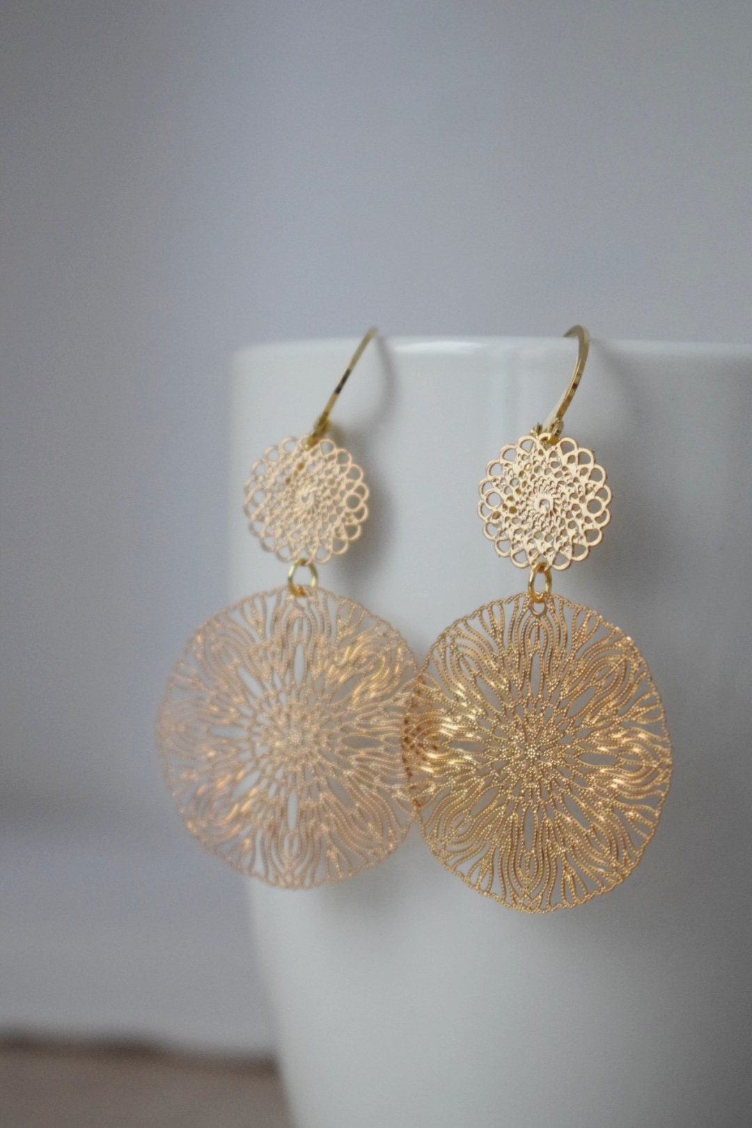 Ornament earrings for women, Long mandala gold plated huggie earrings, Stainless steel earrings, Boho filigree hoops, Jewelry gift for her