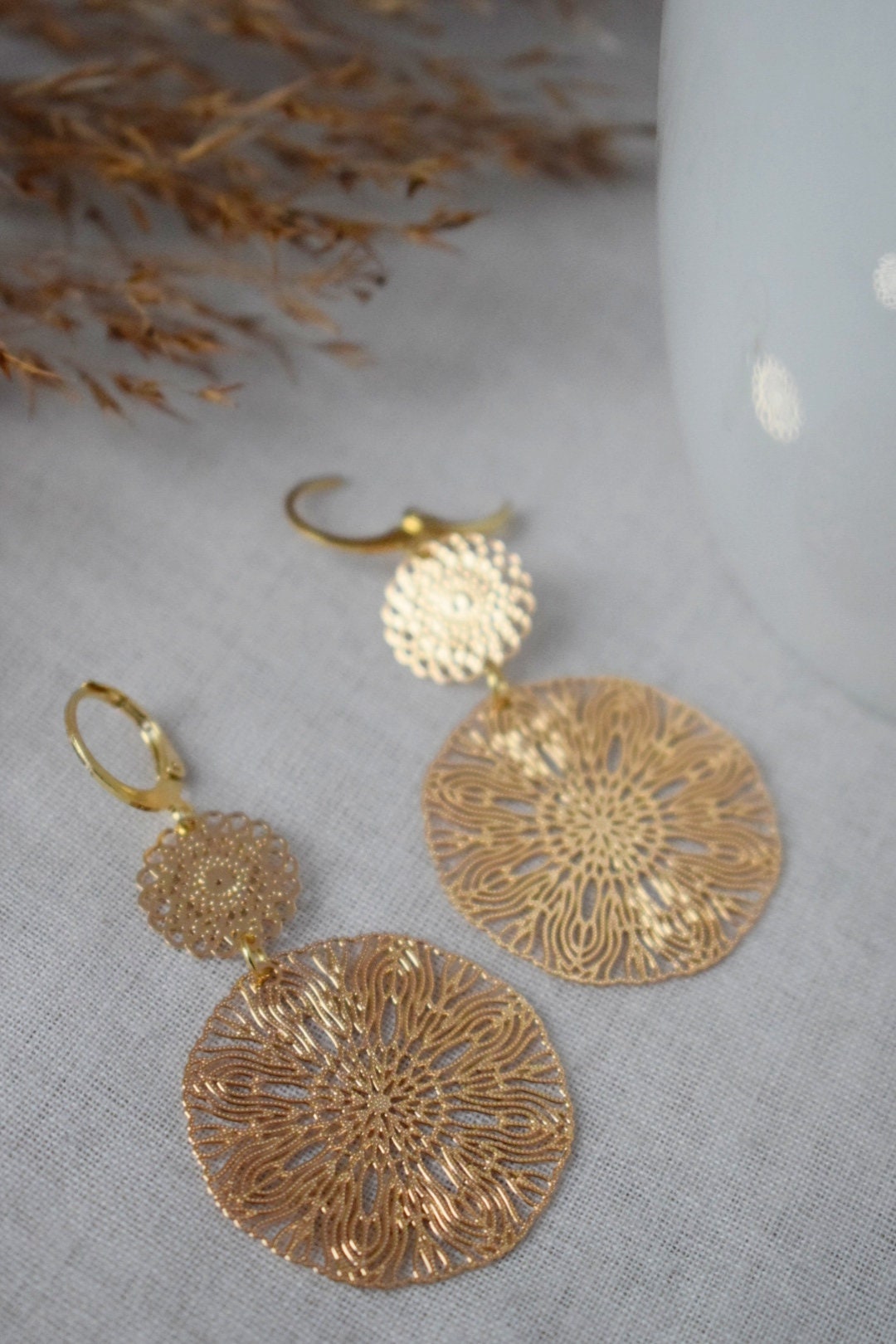 Ornament earrings for women, Long mandala gold plated huggie earrings, Stainless steel earrings, Boho filigree hoops, Jewelry gift for her