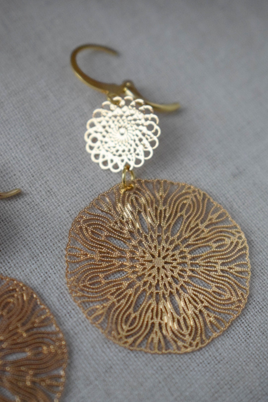 Ornament earrings for women, Long mandala gold plated huggie earrings, Stainless steel earrings, Boho filigree hoops, Jewelry gift for her