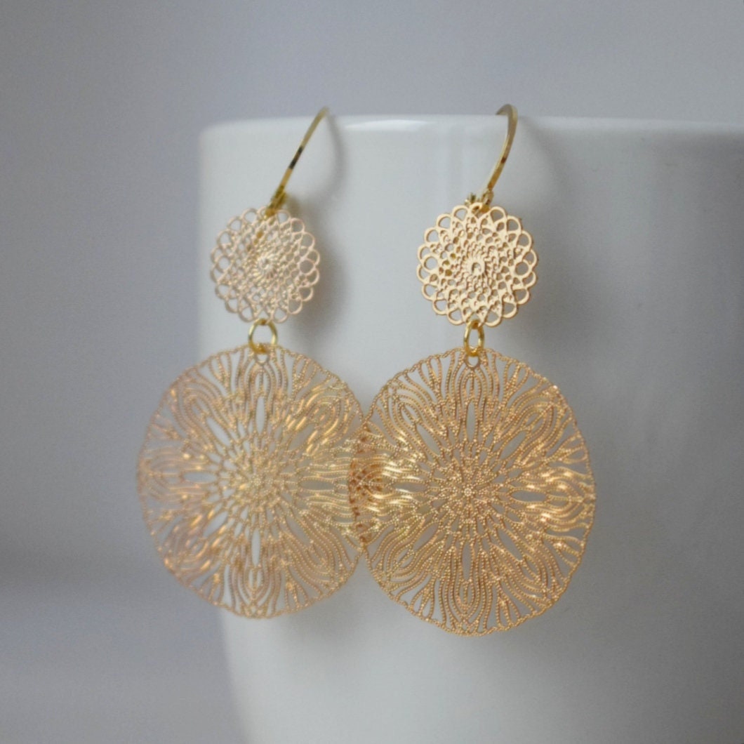 Ornament earrings for women, Long mandala gold plated huggie earrings, Stainless steel earrings, Boho filigree hoops, Jewelry gift for her