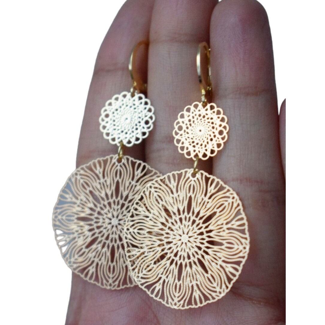 Ornament earrings for women, Long mandala gold plated huggie earrings, Stainless steel earrings, Boho filigree hoops, Jewelry gift for her