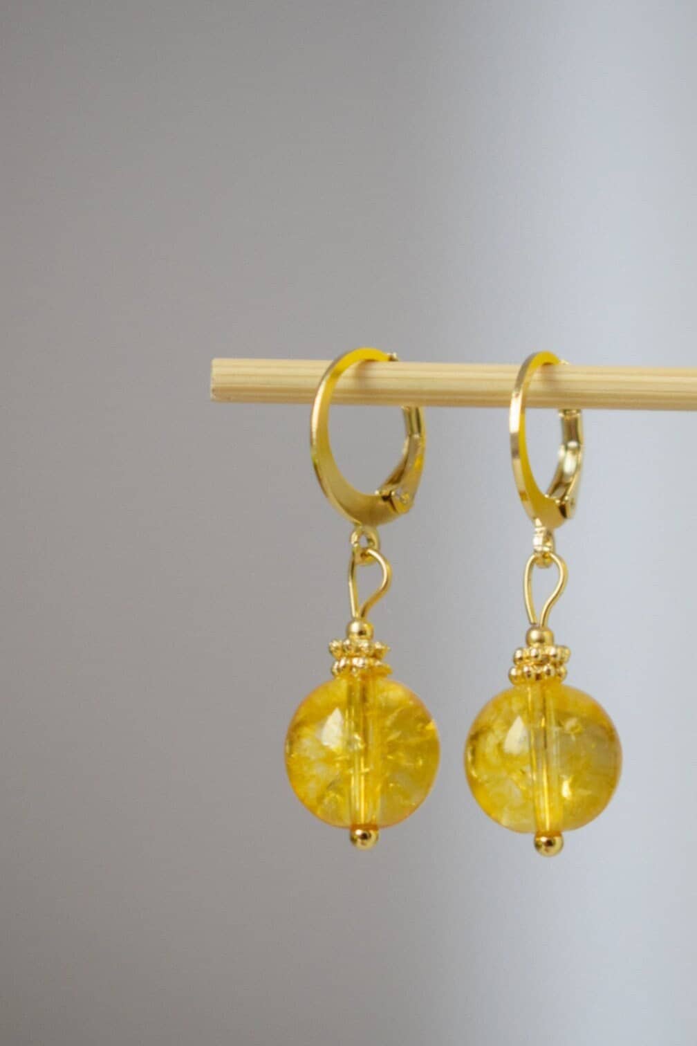 Citrine bead earrings, Gemstone gold huggie hoop earrings, Yellow pearl earrings, November birthstone earrings, Citrine jewelry, Gift her