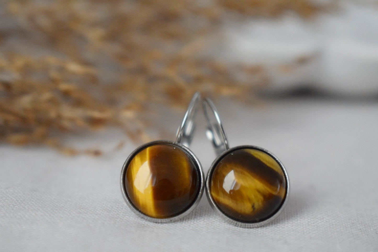 Tigers eye dangle earrings with 12mm round stainless steel lever back earrings, Gemstone jewelry gift for her, Best mother's day gift