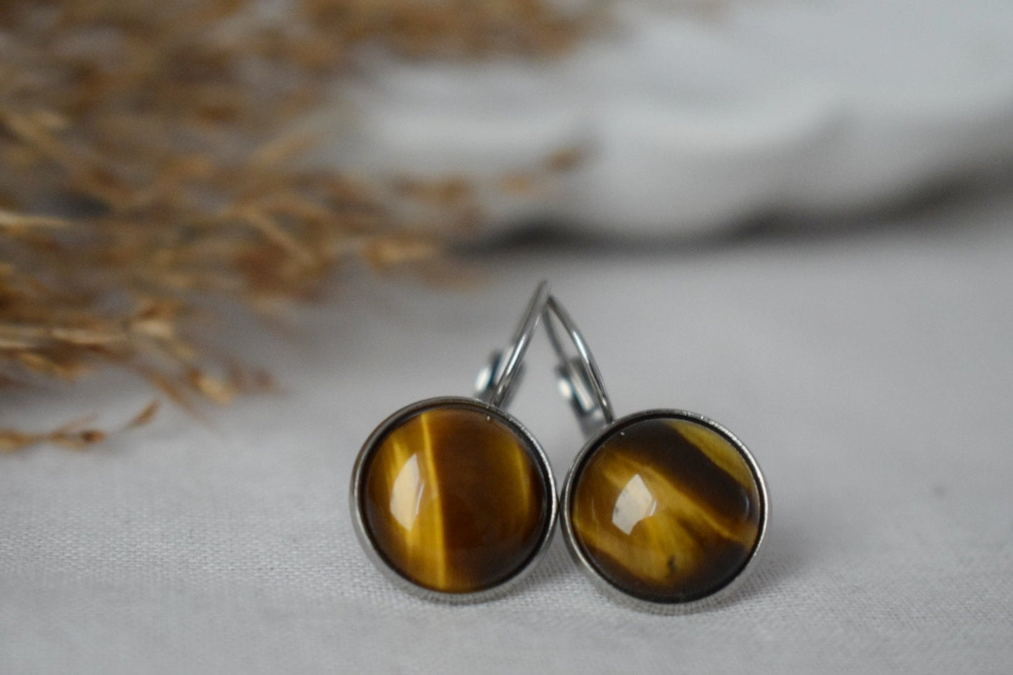 Tigers eye dangle earrings with 12mm round stainless steel lever back earrings, Gemstone jewelry gift for her, Best mother's day gift