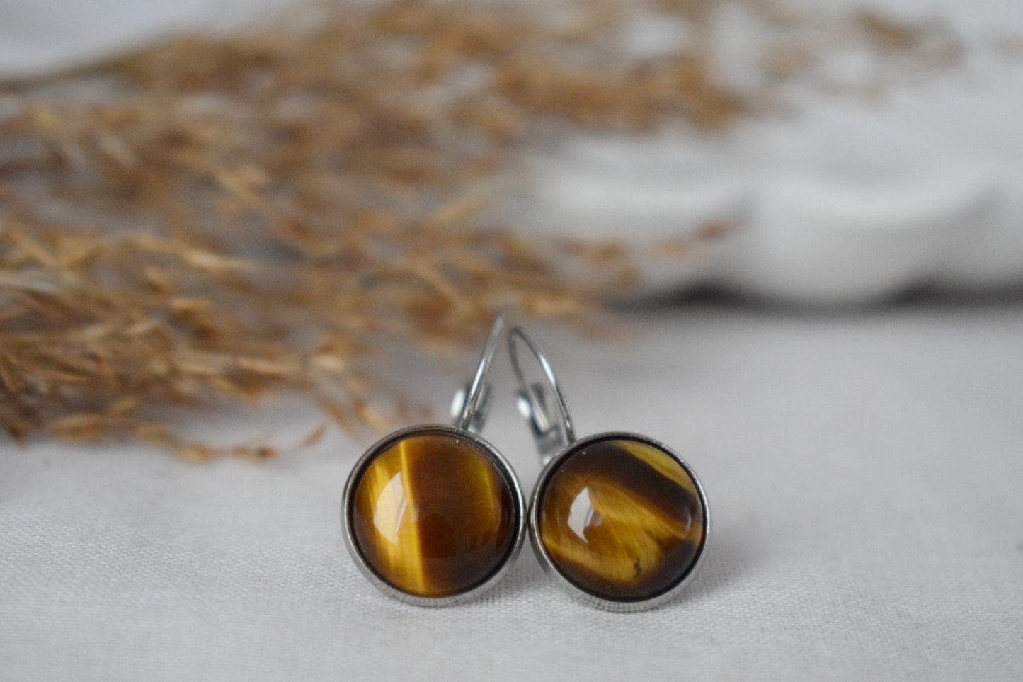 Tigers eye dangle earrings with 12mm round stainless steel lever back earrings, Gemstone jewelry gift for her, Best mother's day gift
