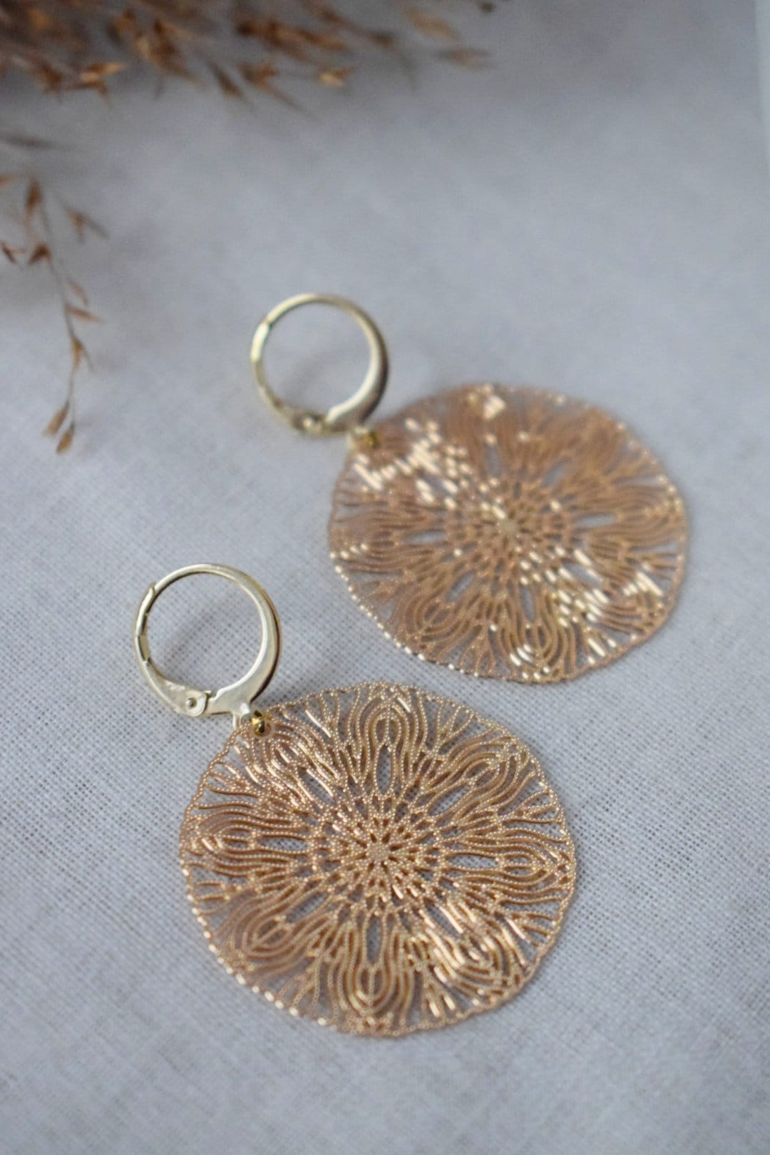 Ornament earrings for women, Mandala huggie earrings, Stainless steel gold plated earrings, Boho filigree hoops, Jewelry gift for her