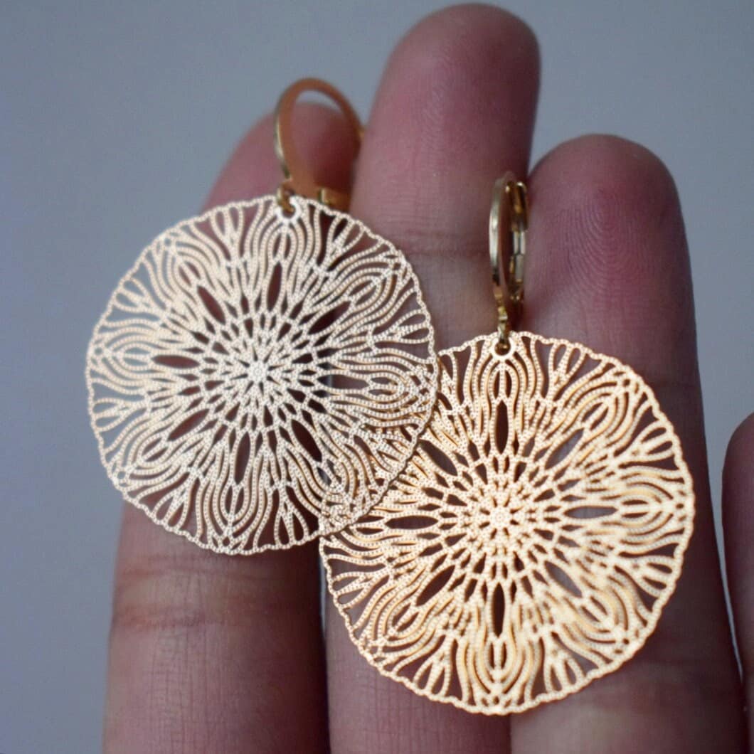 Ornament earrings for women, Mandala huggie earrings, Stainless steel gold plated earrings, Boho filigree hoops, Jewelry gift for her