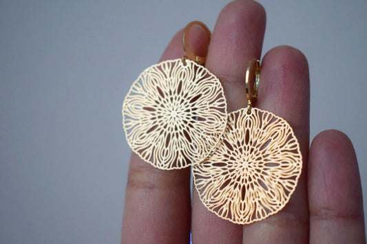 Ornament earrings for women, Mandala huggie earrings, Stainless steel gold plated earrings, Boho filigree hoops, Jewelry gift for her