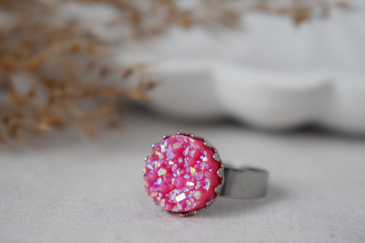 Crown Ring with Blue Druzy Cabochon, Pink, Silver, Adjustable Statement Ring, Everyday Round Ring, Druzy Jewelry, Birthday Gift For Her