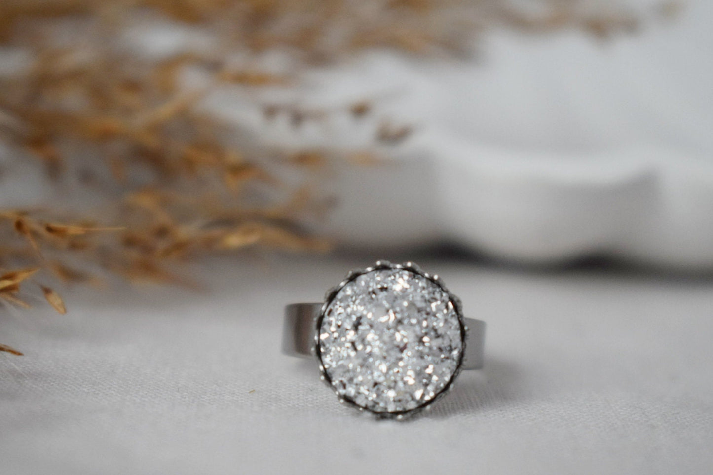 Crown Ring with Blue Druzy Cabochon, Pink, Silver, Adjustable Statement Ring, Everyday Round Ring, Druzy Jewelry, Birthday Gift For Her