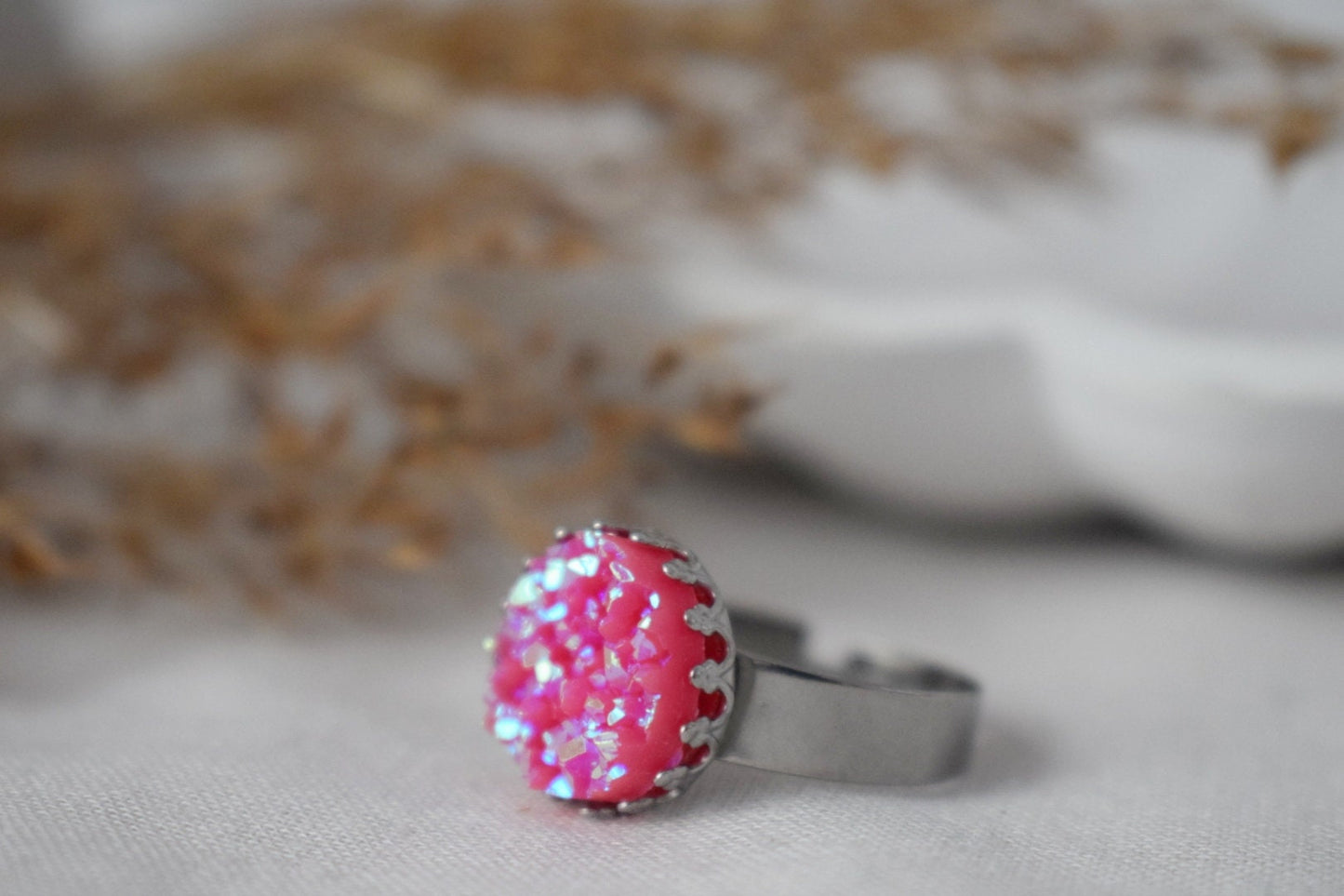 Crown Ring with Blue Druzy Cabochon, Pink, Silver, Adjustable Statement Ring, Everyday Round Ring, Druzy Jewelry, Birthday Gift For Her