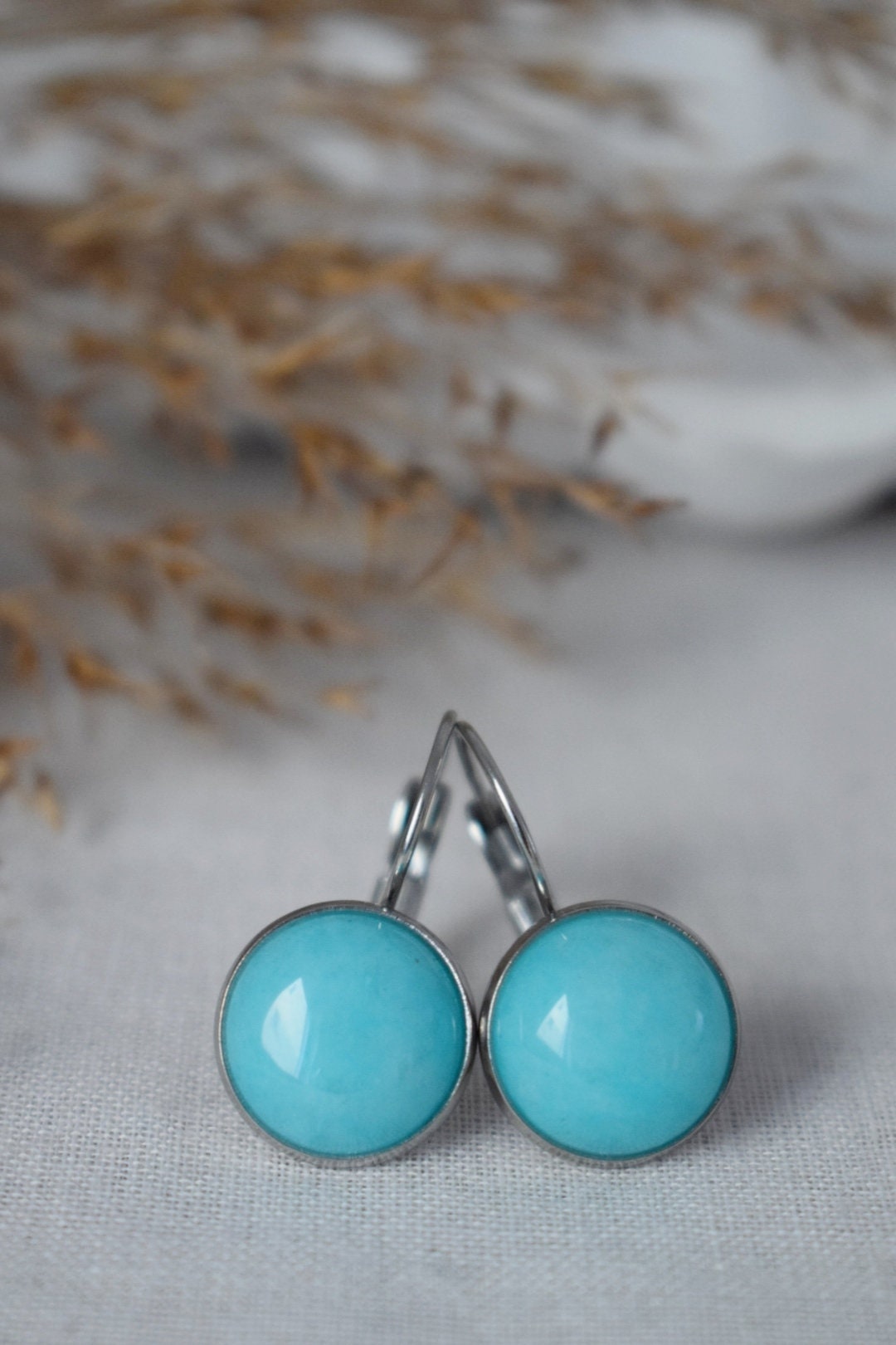 Turquoise Jade Earrings in 12mm Size Gemstone Lever Back Stainless Steel Jewelry Gift For HerBest christmas gift