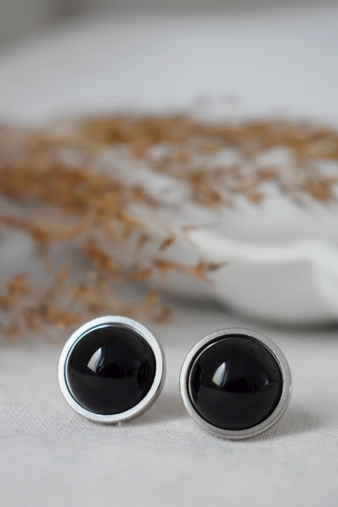 Black agate studs, round gemstone,  unisex push back earrings, gothic jewelry, post back earrings, gift for her
